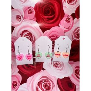 Conversation Heart Earrings Hug‎ Me Be Mine Love Valentine Candy Dangle Charm